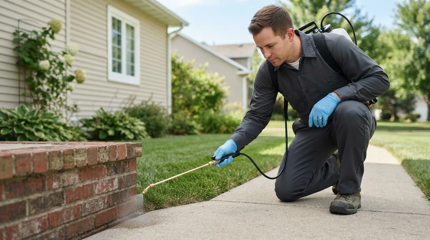 Pest control technician treating a home near Quincy, OH