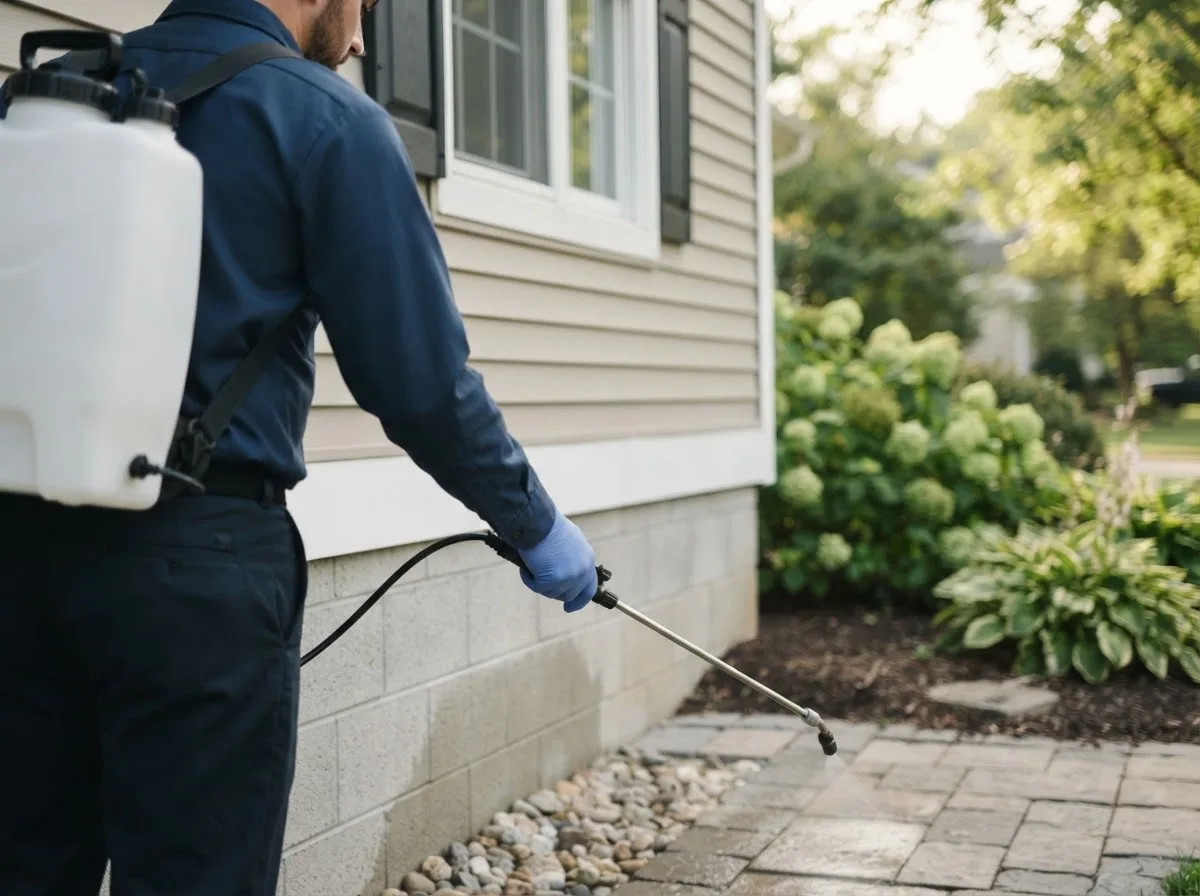 Pest control technician inspecting a home in Quincy, OH